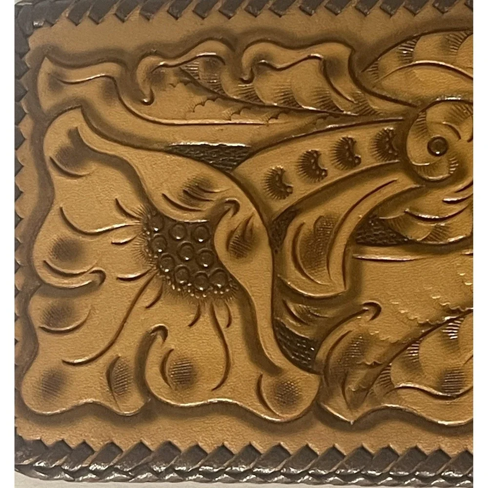 Western Tooled Leather Wallet Floral Scroll Whipstitch Bifold Unbranded